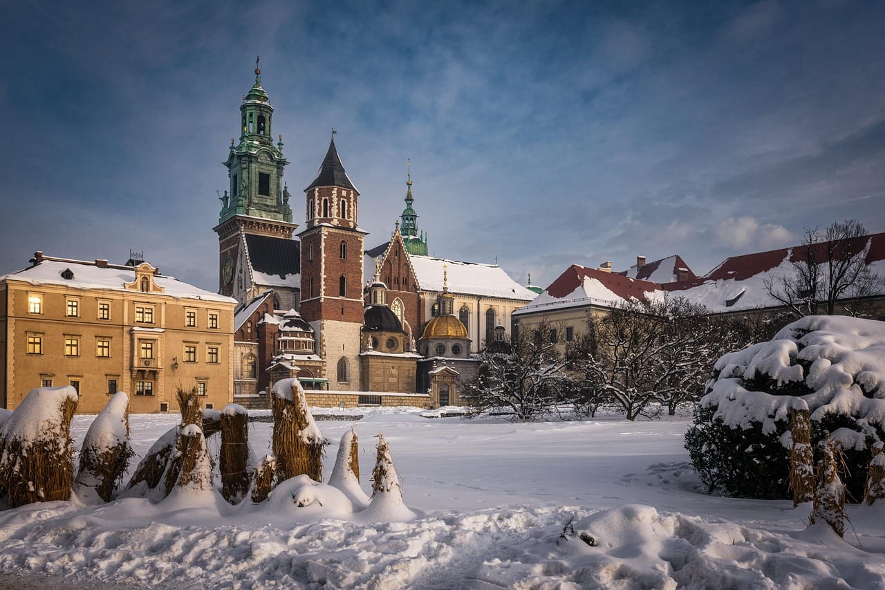Krakow Wawel Castle view in winter from the riverside