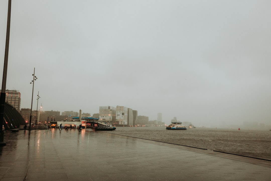 Rainy day view of a city skyline.