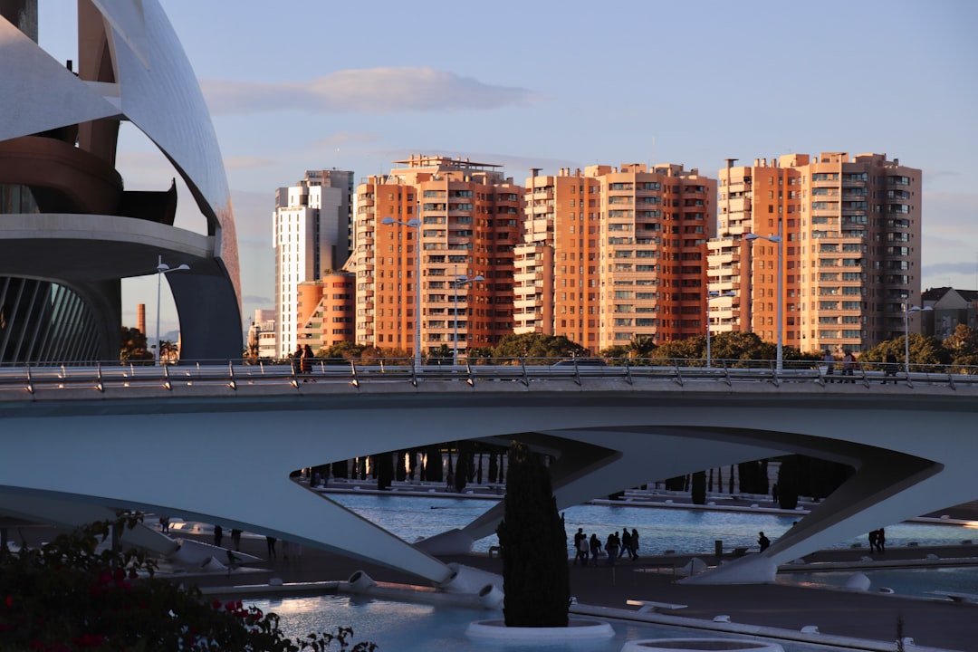 Modern architecture with buildings and bridge at sunset